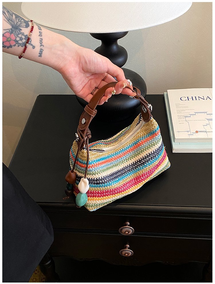 Women's Straw & PU Leather Woven Ring Handle Shoulder Bag detail 30
