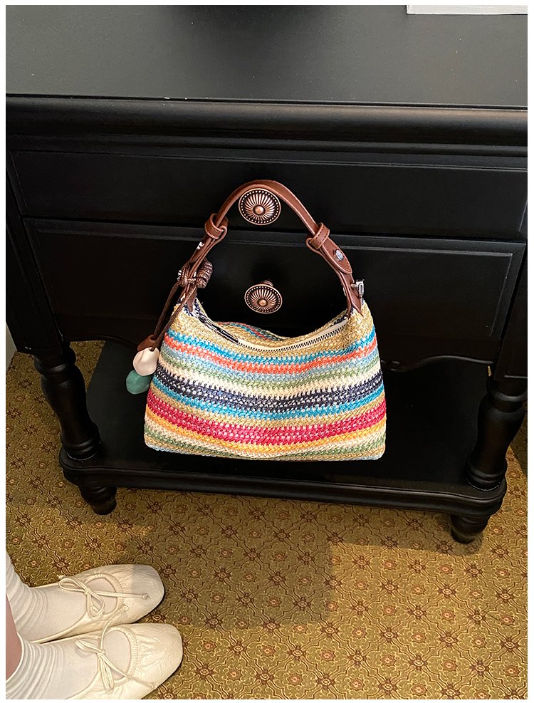 Women's Straw & PU Leather Woven Ring Handle Shoulder Bag detail 31