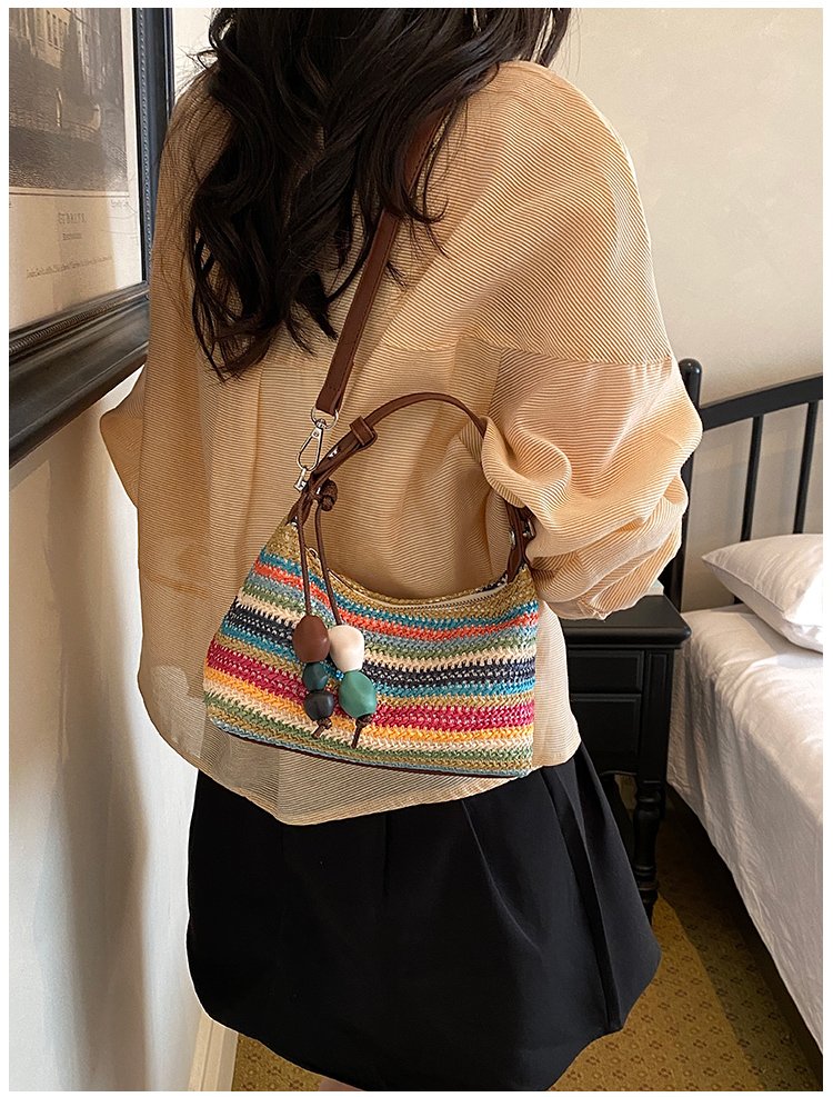 Women's Straw & PU Leather Woven Ring Handle Shoulder Bag detail 32
