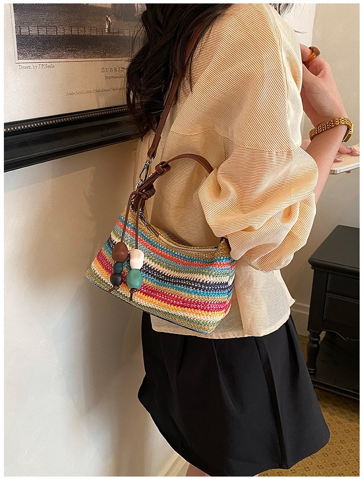 Women's Straw & PU Leather Woven Ring Handle Shoulder Bag detail 33