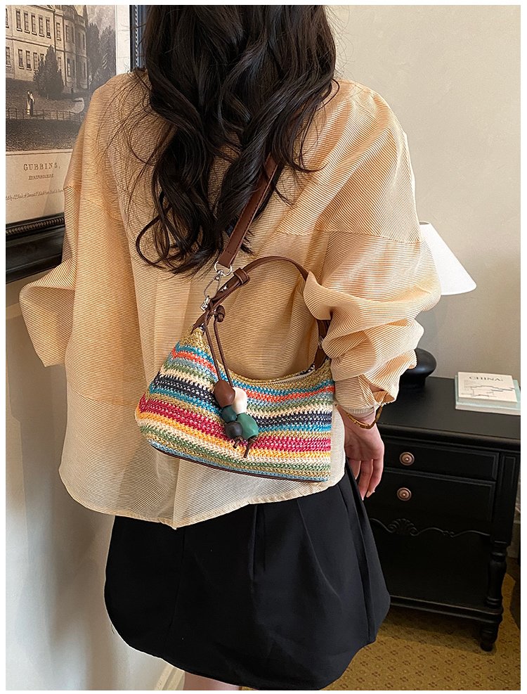 Women's Straw & PU Leather Woven Ring Handle Shoulder Bag detail 34