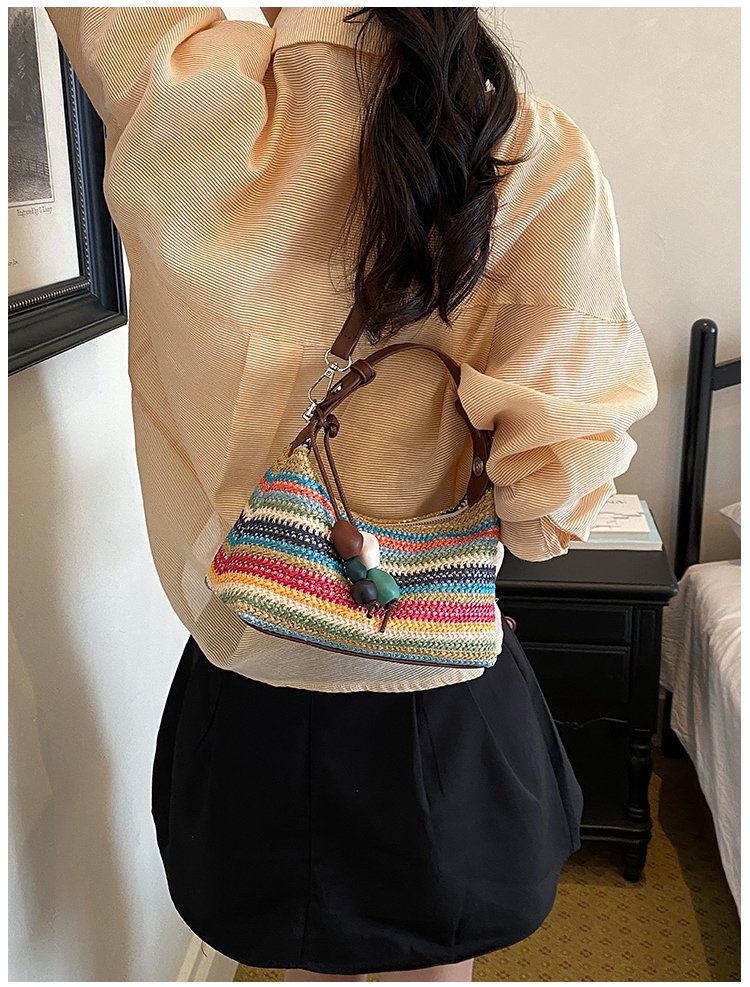 Women's Straw & PU Leather Woven Ring Handle Shoulder Bag detail 35