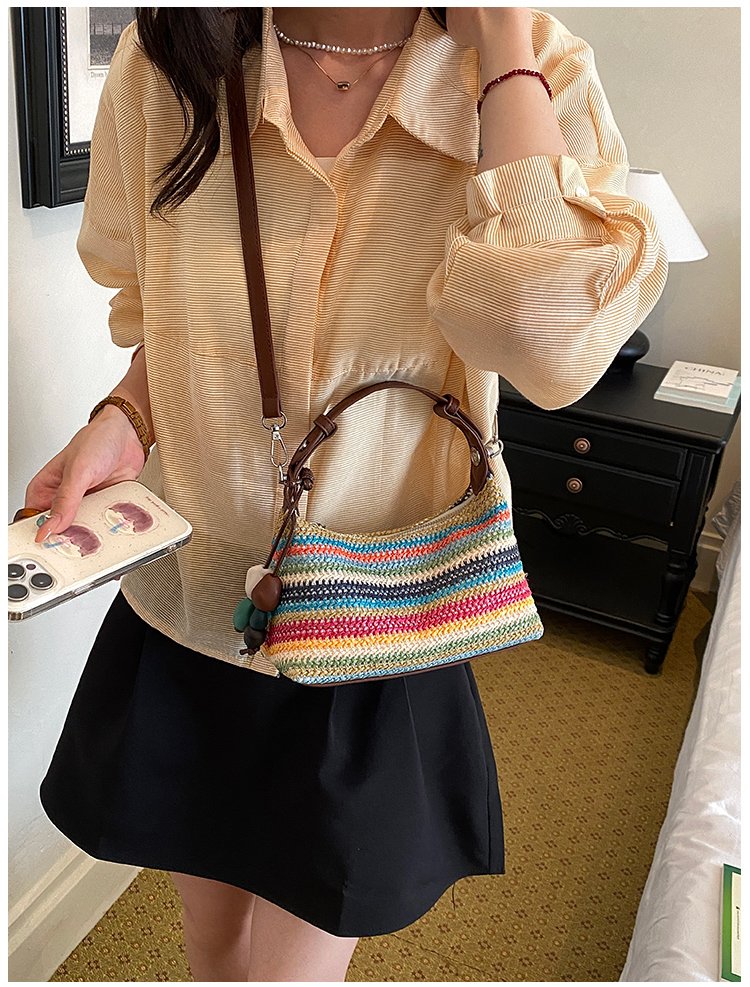 Women's Straw & PU Leather Woven Ring Handle Shoulder Bag detail 36