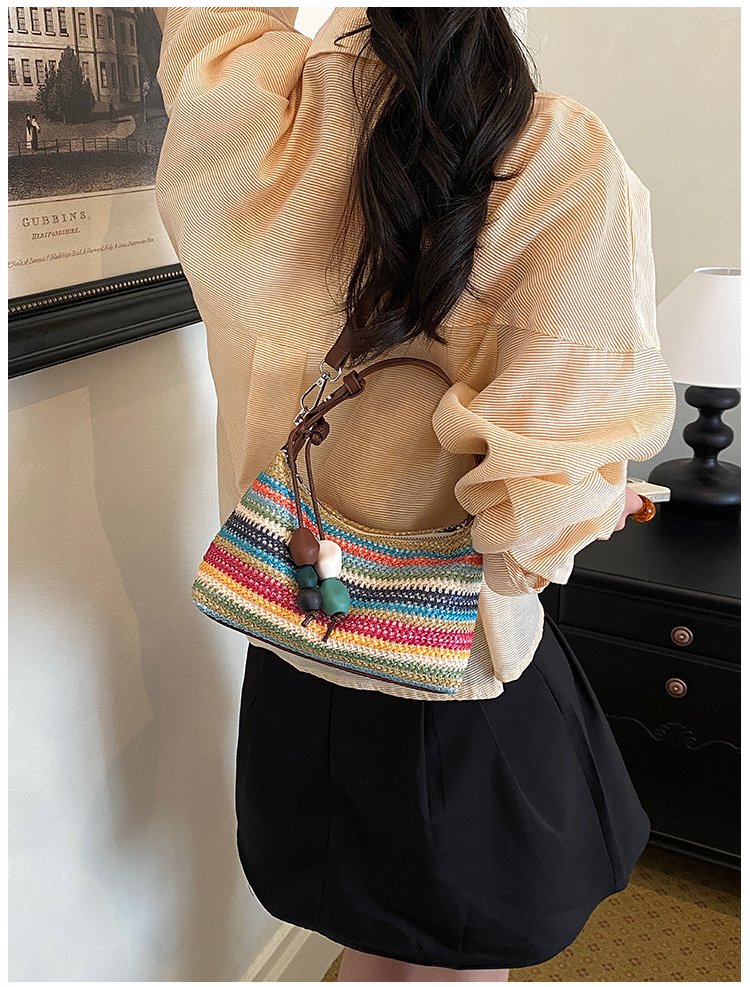 Women's Straw & PU Leather Woven Ring Handle Shoulder Bag detail 37