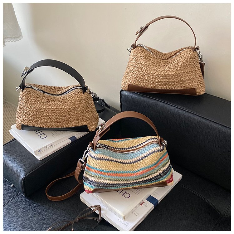 Women's Straw & PU Leather Woven Ring Handle Shoulder Bag detail 3