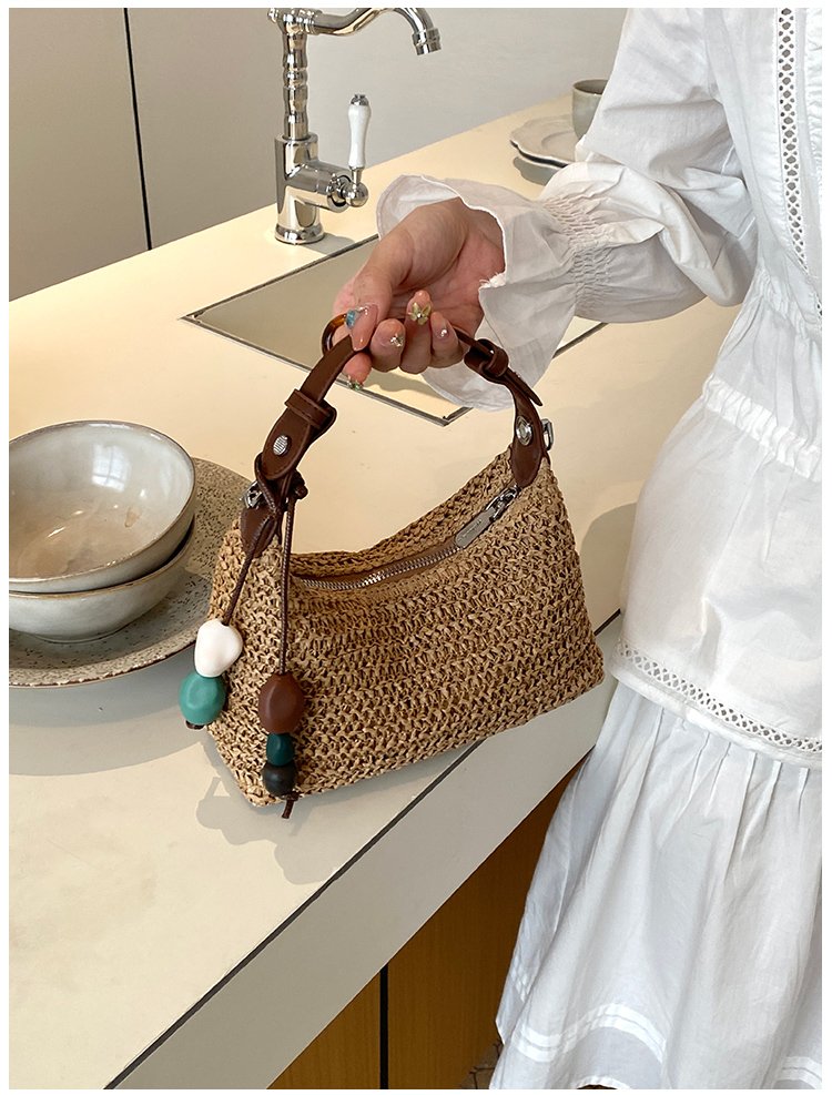Women's Straw & PU Leather Woven Ring Handle Shoulder Bag detail 40