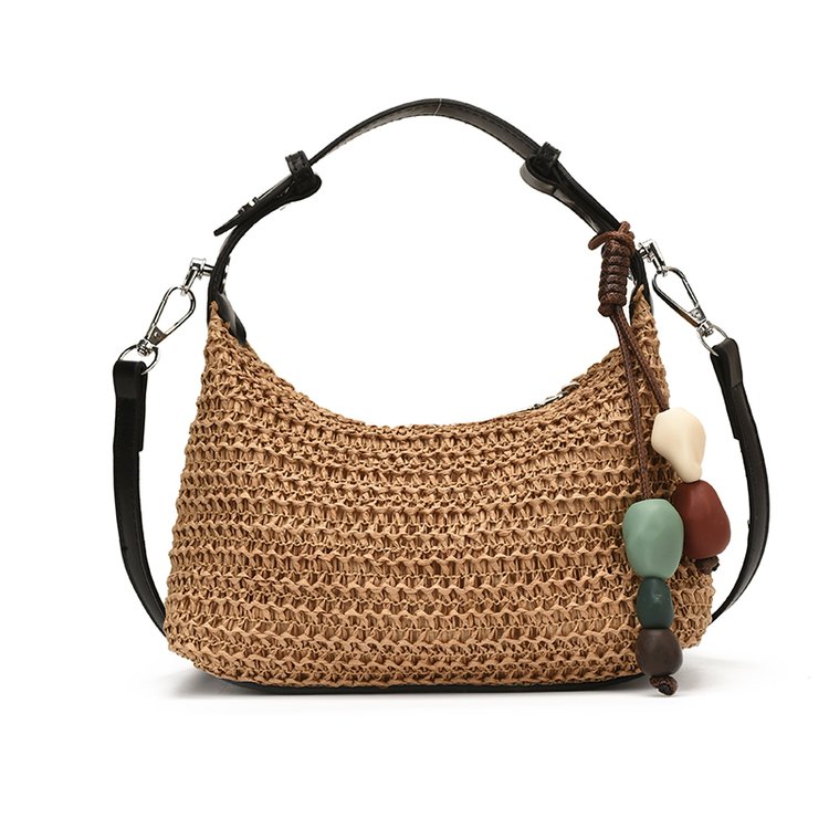 Women's Straw & PU Leather Woven Ring Handle Shoulder Bag view 4