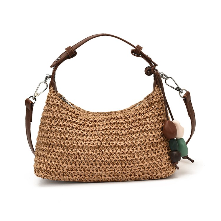 Women's Straw & PU Leather Woven Ring Handle Shoulder Bag view 5