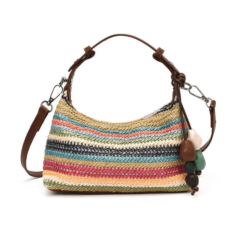 Women's Straw & PU Leather Woven Ring Handle Shoulder Bag view 6