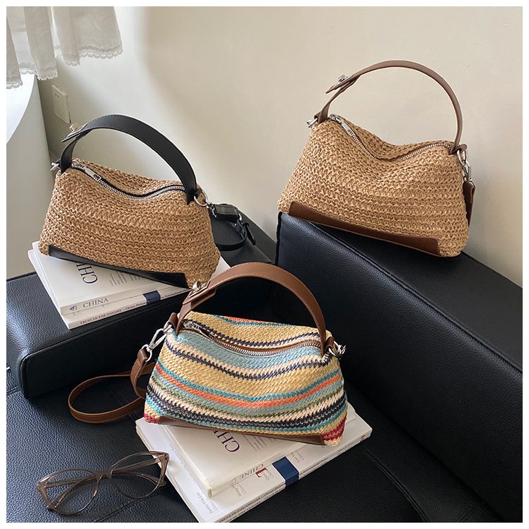 Women's Straw & PU Leather Woven Ring Handle Shoulder Bag detail 4