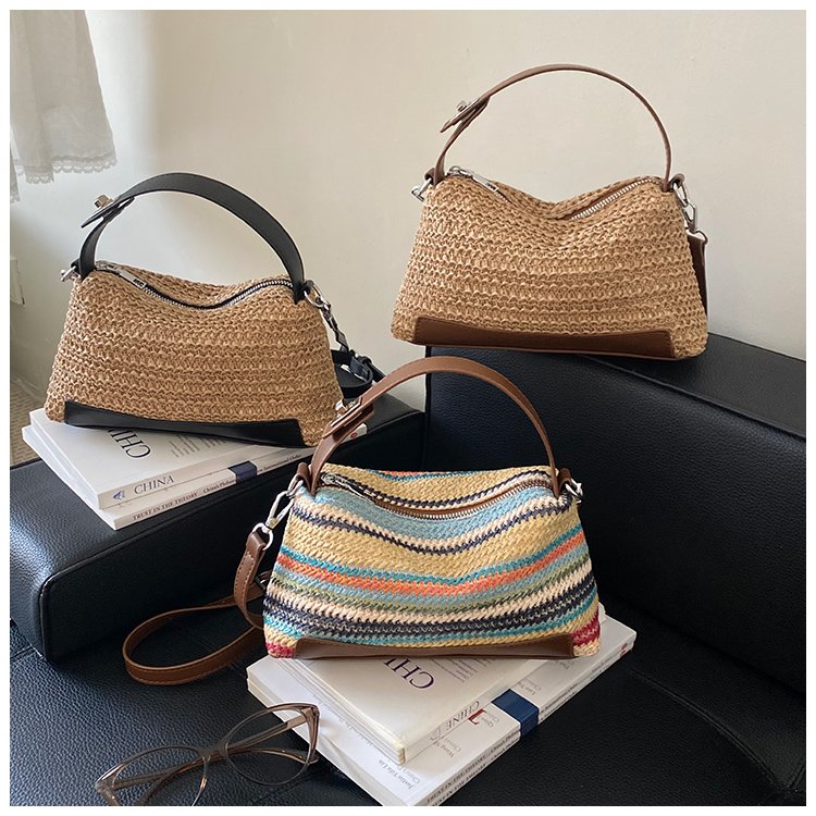 Women's Straw & PU Leather Woven Ring Handle Shoulder Bag detail 5