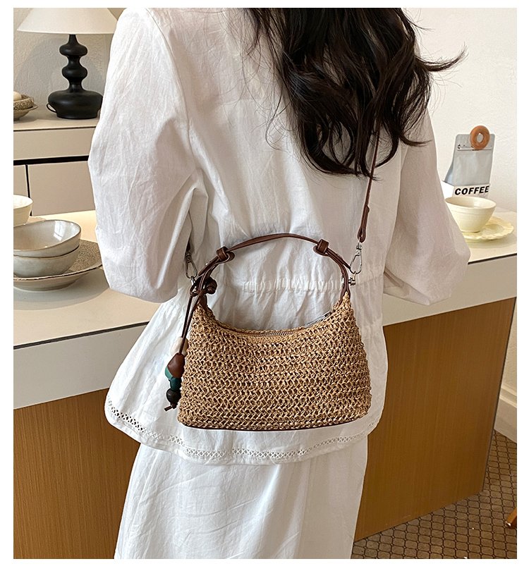 Women's Straw & PU Leather Woven Ring Handle Shoulder Bag detail 6