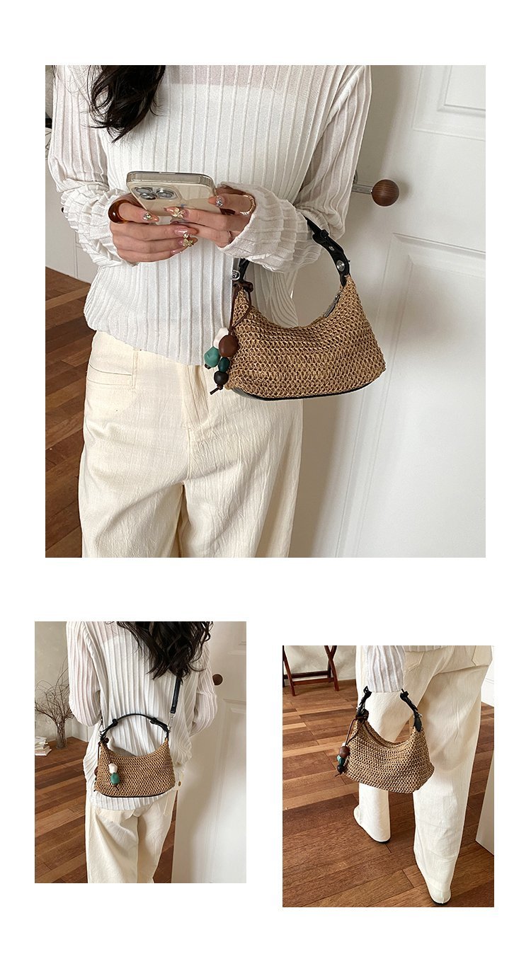 Women's Straw & PU Leather Woven Ring Handle Shoulder Bag detail 8